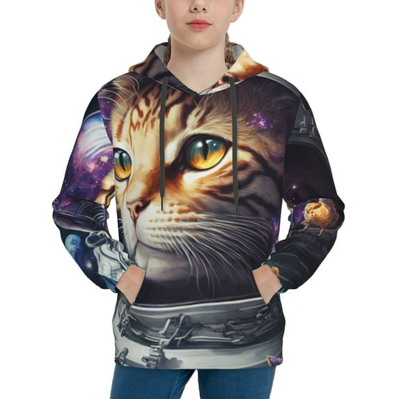 Lsque Astronaut Cat Patten Youth Hoodie Sweatshirt Pullover with Kangaroo Pocket Boys and Girls Hoodie Warm Hoodie for Kids-Medium