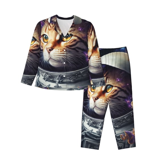 Lsque Astronaut Cat Pattern Long Sleeve Pajama Set for Women - Soft 2-Piece Sleepwear and Loungewear Set with Pockets, Comfy Nightwear-Large
