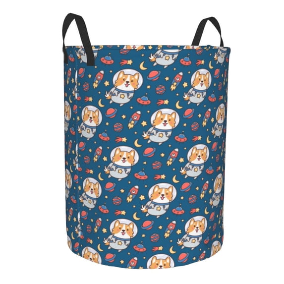 Lsque Astronaut Corgi Dog pattern Laundry Hamper Basket, Tall Woven Rope Hamper Basket for Clothes, Lightweight Storage Basket, Collapsible Waterproof-Medium