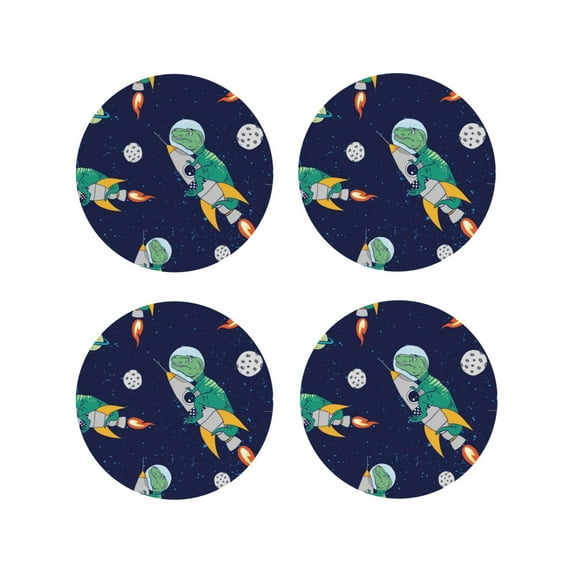 Lsque Astronaut Dinosaur and Space Pattern 4" Drink Coasters Set of 4, PVC Leather Absorbent Coasters, Table Coaster Set Decorative Coffee Cup Coasters Housewarming Gift -Round Shape