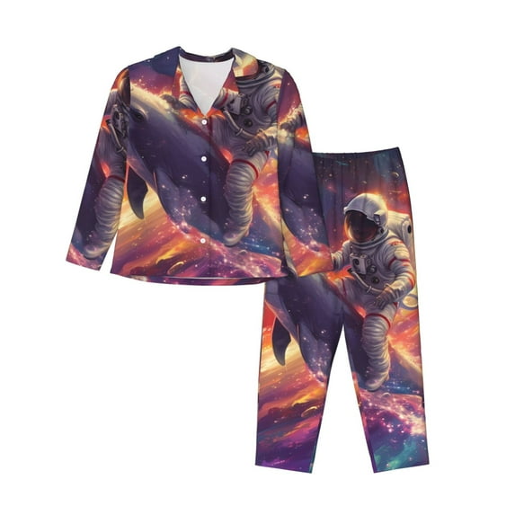 Lsque Astronaut Dolphin Pattern Long Sleeve Pajama Set for Women - Soft 2-Piece Sleepwear and Loungewear Set with Pockets, Comfy Nightwear-Small