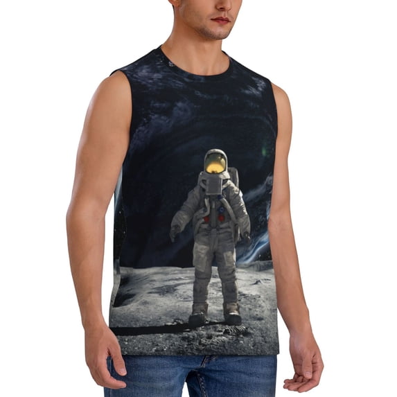 Lsque Astronaut Standing In The Moon Print Men's Cotton Blend Sleeveless Muscle Shirts (S-3XL)- Moisture Wicking, Odor Protection, UPF 30+,Large