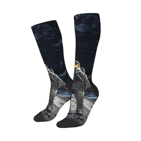 Lsque Astronaut Standing In The Moon Printed Crew Socks Men's Women's LightWeight Thin Casual Calf Socks ,Knee High Socks,Cotton Socks