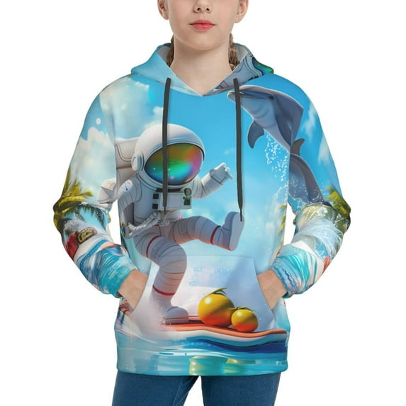 Lsque Astronaut Tropical Dolphin Patten Youth Hoodie Sweatshirt Pullover with Kangaroo Pocket Boys and Girls Hoodie Warm Hoodie for Kids-Small