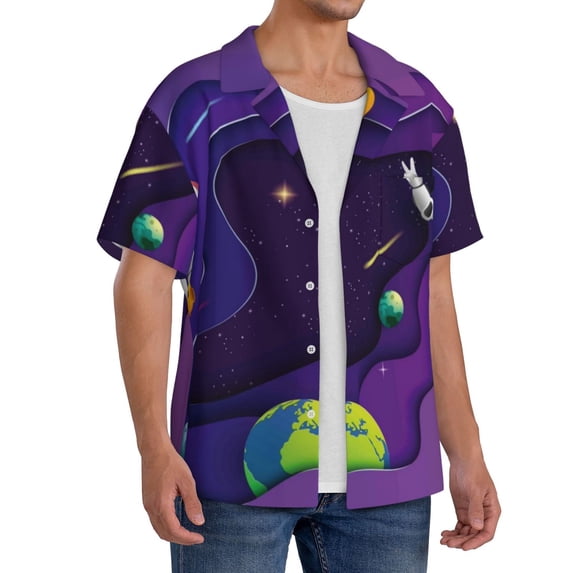 Lsque Astronaut print Men's Cuban Collar Short Sleeve Shirt Summer Beachwear Casual Button Down Fashionable Vacation Leisure Shirt-4X-Large