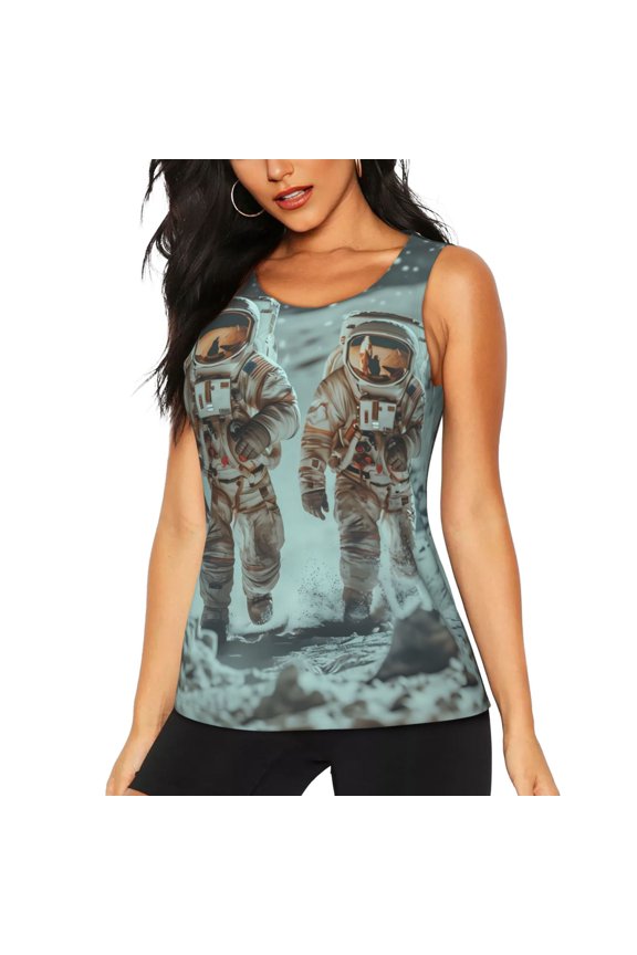 Astronauts On Lunar Mission Printed Workout Tank Tops for Women, Athletic Sports Tank Tops, Compression Sleeveless Dry Fit Shirts,Sleeveless Yoga Shirt-X-Large
