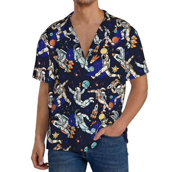 Lsque Astronauts in sport Print Men's Cuban Collar Short Sleeve Shirt Summer Beachwear Casual Button Down Fashionable Vacation Leisure Shirt-X-Large
