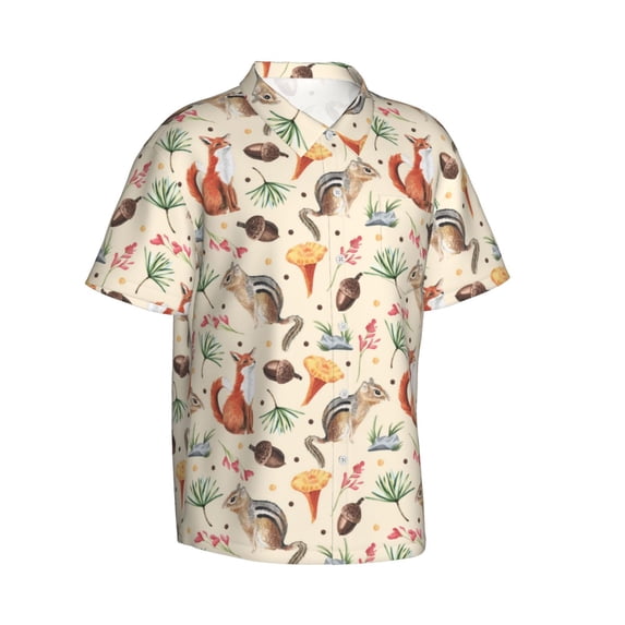 Lsque Autumn Forest Animals pattern Hawaiian Shirt for Men, Unisex Summer Beach Casual Short Sleeve Button Down Shirts-XX-Large