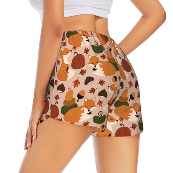 Lsque Autumn Fox Pumpkin Lazy Printed Women's Running Shorts with Liner Pockets,Elastic Quick Dry Workout Athletic Gym Yoga Shorts,Womens High Waist Shorts-Small
