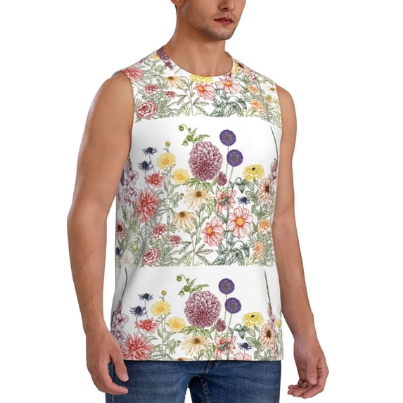 Lsque Autumn Garden Print Men's Cotton Blend Sleeveless Muscle Shirts (S-3XL)- Moisture Wicking, Odor Protection, UPF 30+,3X-Large