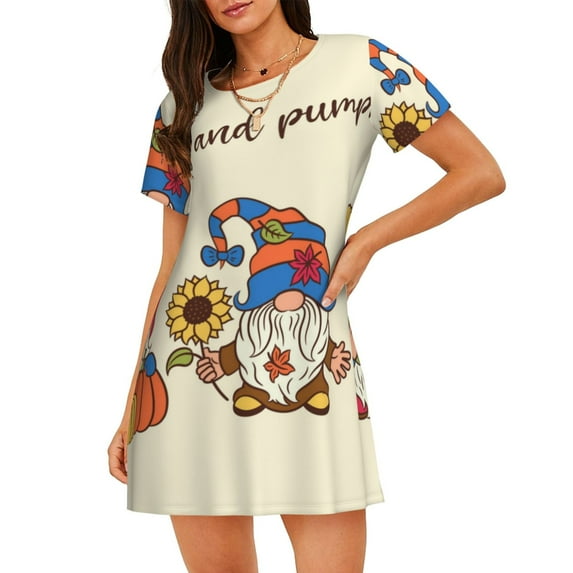 Lsque Autumn Gnomes1 Pattern Nightgowns for Women Sleep Shirts Short Sleeve Nightshirt Pullover Nightdress Soft Sleepwear Relaxed Fit Nightdress