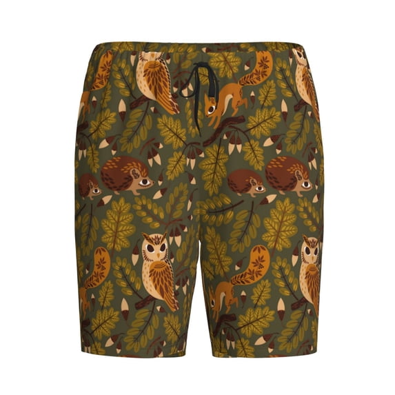 Lsque Autumn Leaves Owl Squirrel Mens Sleep Pajama Shorts,Short Pajama Pants, Cotton Ultra-Soft Knit-Small