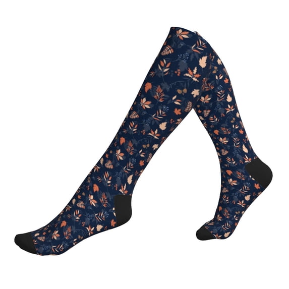 Lsque Autumn Leaves With Blue Pattern Sport Compression Socks for Men & Women 15-20 mmHg Knee High Nurse Pregnant Running Medical and Travel Athletic