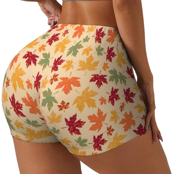 Lsque Autumn Maple Leaves Pattern High Waisted Biker Shorts for Women-Tummy Control Fitness Athletic Workout Running Yoga Gym Shorts,Moisture-Wicking-Large