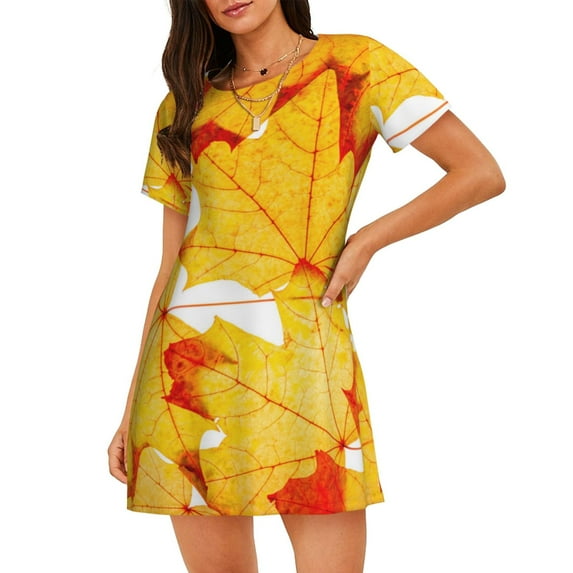 Lsque Autumn Maple Leaves Pattern Nightgowns for Women Sleep Shirts Short Sleeve Nightshirt Pullover Nightdress Soft Sleepwear Relaxed Fit Nightdress