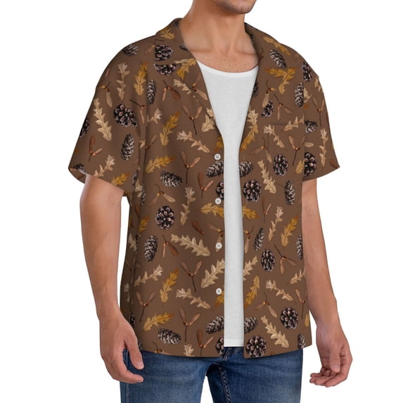 Lsque Autumn Pinecone Plants print Men's Cuban Collar Short Sleeve Shirt Summer Beachwear Casual Button Down Fashionable Vacation Leisure Shirt-3X-Large