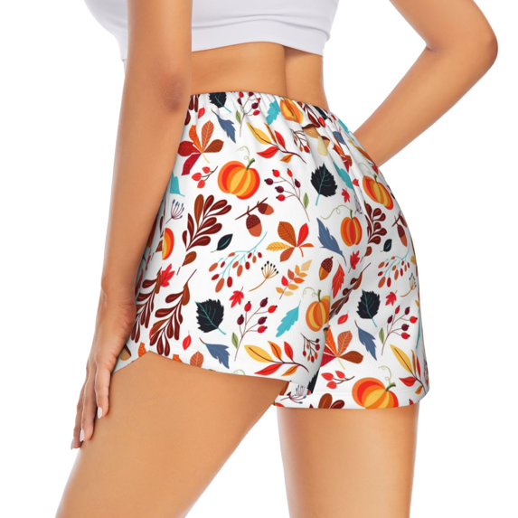 Lsque Autumn Pumpkins Fall Leaves Printed Women's Running Shorts with Liner Pockets,Elastic Quick Dry Workout Athletic Gym Yoga Shorts,Womens High Waist Shorts-X-Large