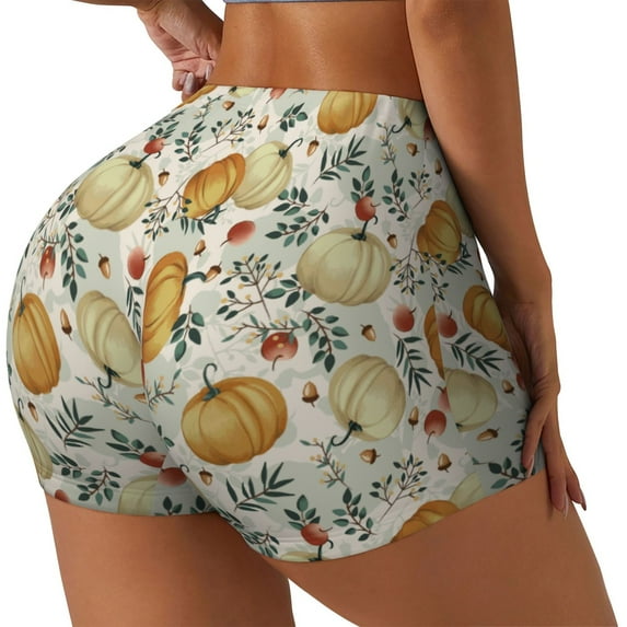 Lsque Autumn Pumpkins Leaves Pattern High Waisted Biker Shorts for Women-Tummy Control Fitness Athletic Workout Running Yoga Gym Shorts,Moisture-Wicking-Medium