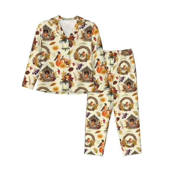 Lsque Autumn Vintage Pattern Long Sleeve Pajama Set for Women - Soft 2-Piece Sleepwear and Loungewear Set with Pockets, Comfy Nightwear-XX-Large