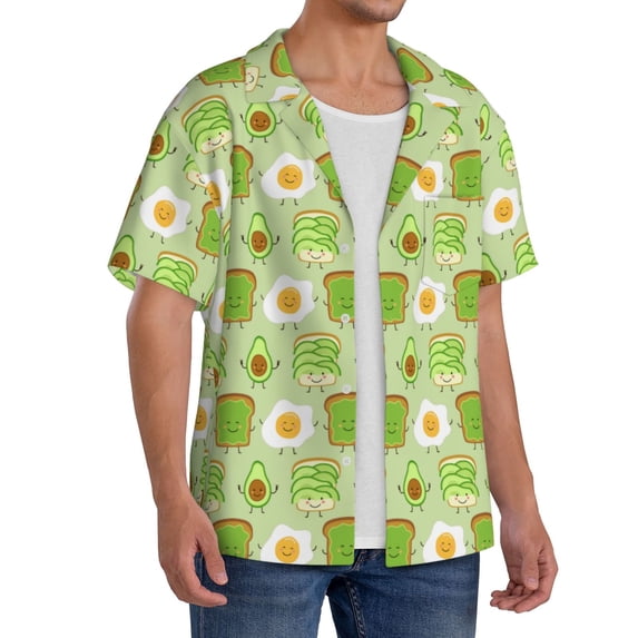 Lsque Avocado And Toast print Men's Cuban Collar Short Sleeve Shirt Summer Beachwear Casual Button Down Fashionable Vacation Leisure Shirt-X-Large