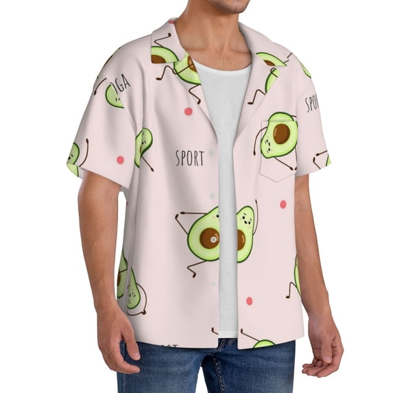 Lsque Avocado Doing Sport Yoga print Men's Cuban Collar Short Sleeve Shirt Summer Beachwear Casual Button Down Fashionable Vacation Leisure Shirt-Medium