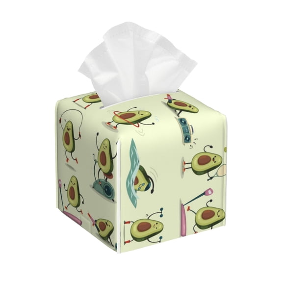 Lsque Avocado for Exercise Printed Tissue Box Cover Holder, Facial Paper Organizer Dispenser,Square with Bottom Belt, PVC Leather Decorative Organizer
