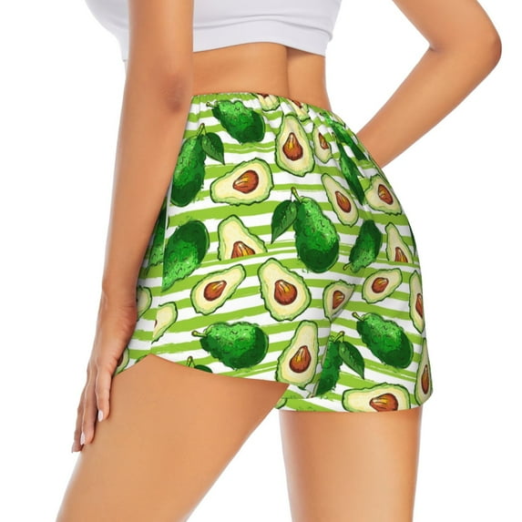 Lsque Avocado Green Striped Printed Women's Running Shorts with Liner Pockets,Elastic Quick Dry Workout Athletic Gym Yoga Shorts,Womens High Waist Shorts-Large