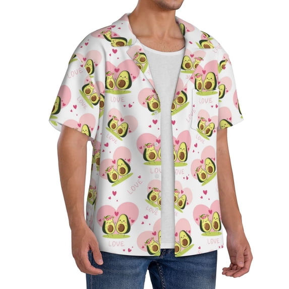 Lsque Avocado Lovers print Men's Cuban Collar Short Sleeve Shirt Summer Beachwear Casual Button Down Fashionable Vacation Leisure Shirt-Large