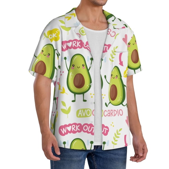 Lsque Avocado Work Out print Men's Cuban Collar Short Sleeve Shirt Summer Beachwear Casual Button Down Fashionable Vacation Leisure Shirt-4X-Large