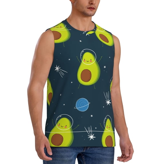 Lsque Avocado in Space Print Men's Cotton Blend Sleeveless Muscle Shirts (S-3XL)- Moisture Wicking, Odor Protection, UPF 30+,Large