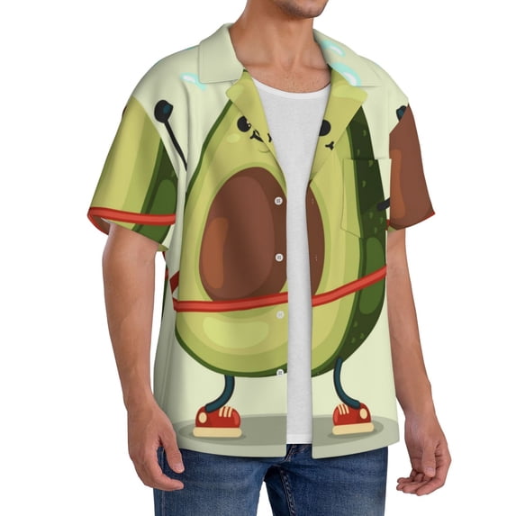 Lsque Avocado1 print Men's Cuban Collar Short Sleeve Shirt Summer Beachwear Casual Button Down Fashionable Vacation Leisure Shirt-Small