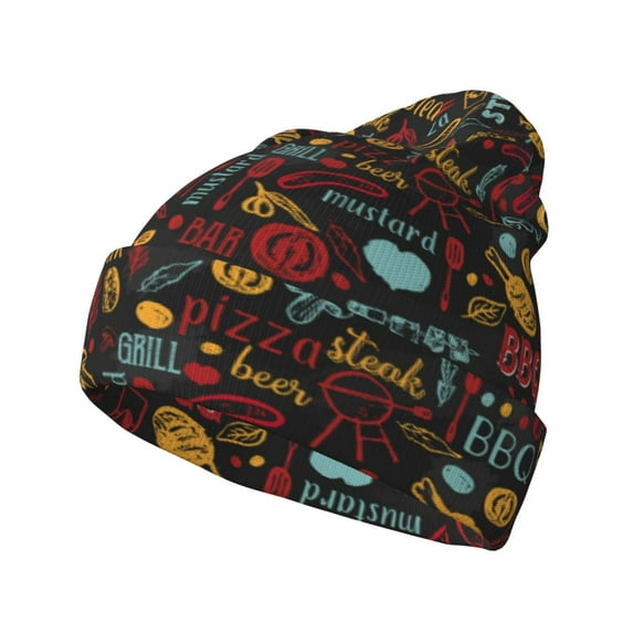 Lsque BBQ Barbecue Grill Pattern Knitted Beanie, Unisex Winter Hat, Knit Hat Winter Beanies Thick Fisherman Beanies Cuffed Plain Skull Caps