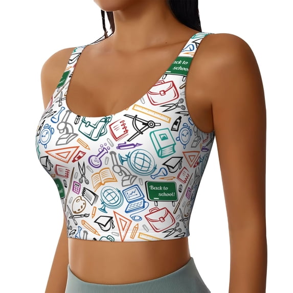 Lsque Back To School Printed Women'S Sports Bra, Compression, Moisture Wicking, High-Impact Sports Bra For Women,Supportive sports bra-Small