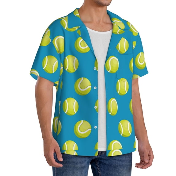 Lsque Ball Tennis print Men's Cuban Collar Short Sleeve Shirt Summer Beachwear Casual Button Down Fashionable Vacation Leisure Shirt-X-Large