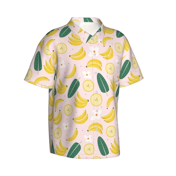Lsque Banana With Leaves pattern Hawaiian Shirt for Men, Unisex Summer Beach Casual Short Sleeve Button Down Shirts-Large
