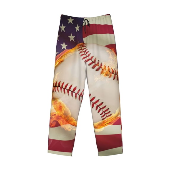 Lsque Baseball Ball With Flag Print Men's Pajama Pants, Lounge Pant - Comfortable Home Wear,Elastic Waistband, Stylish Design-XX-Large