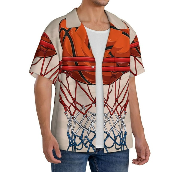 Lsque Basketball Shot print Men's Cuban Collar Short Sleeve Shirt Summer Beachwear Casual Button Down Fashionable Vacation Leisure Shirt-XX-Large