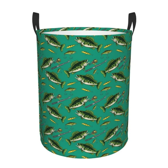 Lsque Bass Fish Pattern Laundry Hamper Basket, Tall Woven Rope Hamper Basket for Clothes, Lightweight Storage Basket, Collapsible Waterproof-Small