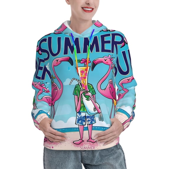 Lsque Beach Flamingo Trio Pattern Casual Women's Hoodie,Hooded Sweatshirt with Kangaroo Pocket,Pullover Hoodie with Eye-catching Drawstrings-Large