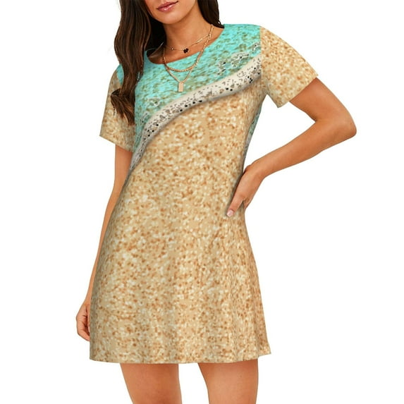 Lsque Beach Footprint Pattern Nightgowns for Women Sleep Shirts Short Sleeve Nightshirt Pullover Nightdress Soft Sleepwear Relaxed Fit Nightdress