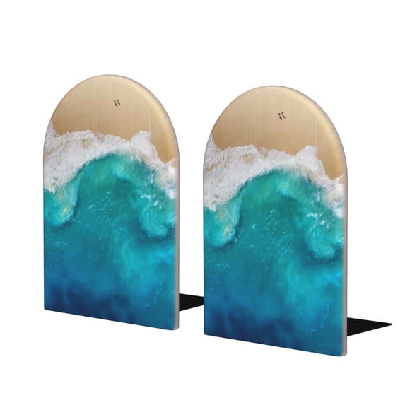 Lsque Beach Printed Wood Bookends,Non-Skid Bookend for Shelves,Heavy Duty Support Bookends,Non-Slip Foam Pads for Office, Home, and Library,1 Pair