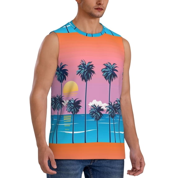 Lsque Beach with Palm Trees Print Men's Cotton Blend Sleeveless Muscle Shirts (S-3XL)- Moisture Wicking, Odor Protection, UPF 30+,Small