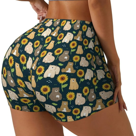 Lsque Bear Sunflower Pattern High Waisted Biker Shorts for Women-Tummy Control Fitness Athletic Workout Running Yoga Gym Shorts,Moisture-Wicking-