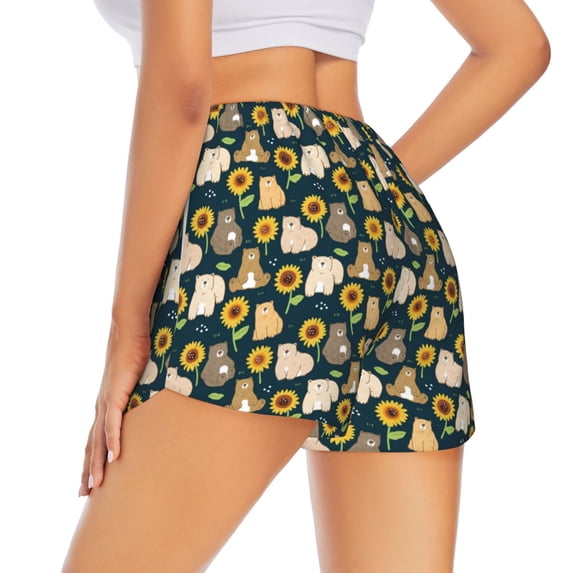 Lsque Bear Sunflower Printed Women's Running Shorts with Liner Pockets,Elastic Quick Dry Workout Athletic Gym Yoga Shorts,Womens High Waist Shorts-X-Large