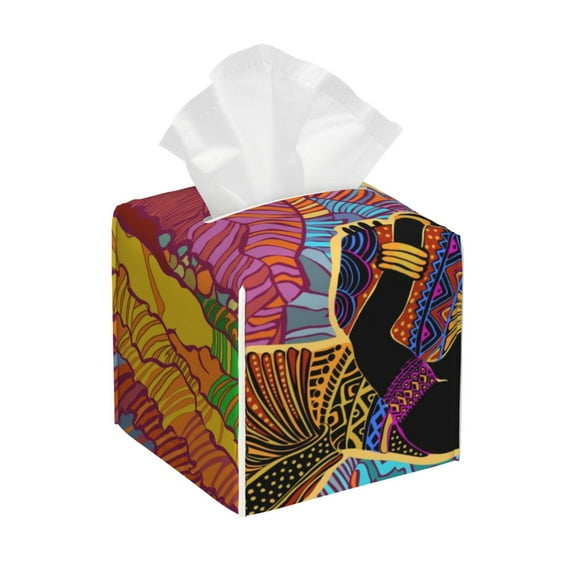 Lsque Beautiful African Woman Printed Tissue Box Cover Holder, Facial Paper Organizer Dispenser,Square with Bottom Belt, PVC Leather Decorative Organizer