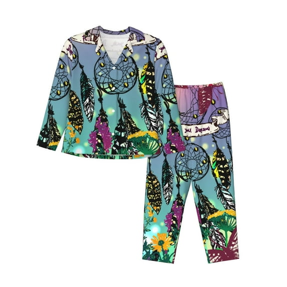 Lsque Beautiful Dreamcatcher Pattern Long Sleeve Pajama Set for Women - Soft 2-Piece Sleepwear and Loungewear Set with Pockets, Comfy Nightwear-XX-Large