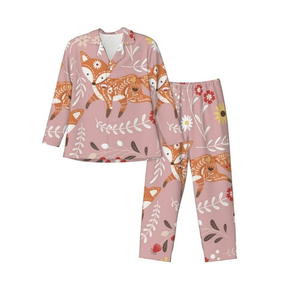 Lsque Beautiful Fox Pattern Long Sleeve Pajama Set for Men - Soft 2-Piece Sleepwear and Loungewear Set with Pockets, Comfy Nightwear-Medium