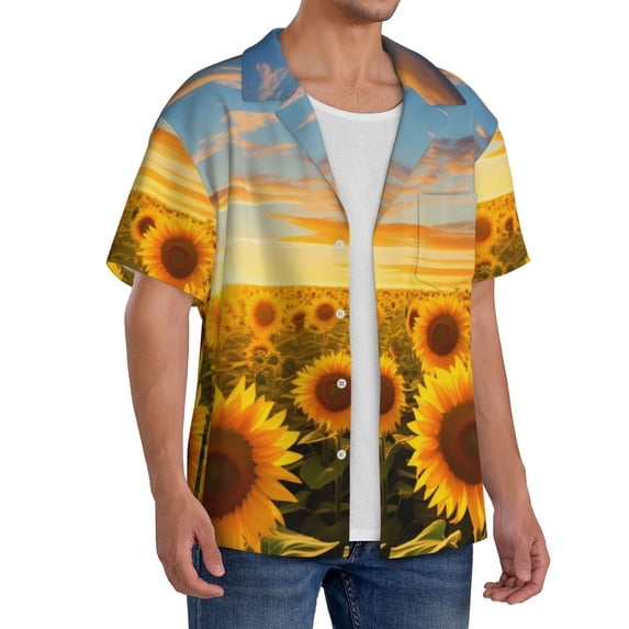 Lsque Beautiful Golden Sunflower Field print Men's Cuban Collar Short Sleeve Shirt Summer Beachwear Casual Button Down Fashionable Vacation Leisure Shirt-3X-Large