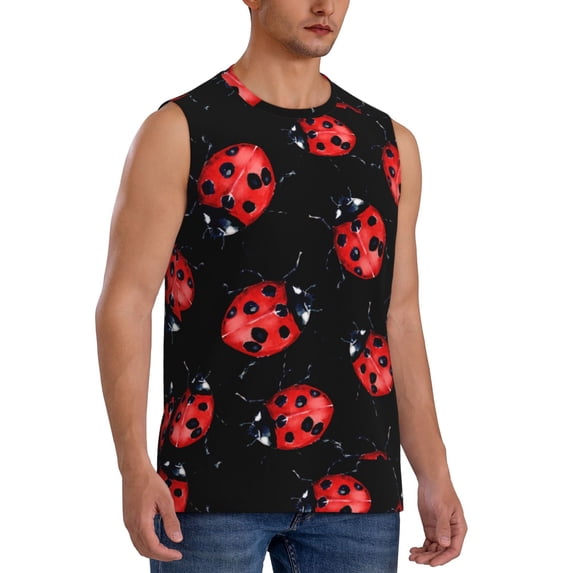 Lsque Beautiful Red Ladybug Print Men's Cotton Blend Sleeveless Muscle Shirts (S-3XL)- Moisture Wicking, Odor Protection, UPF 30+,Large