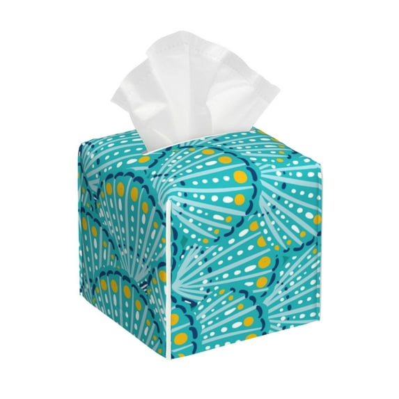 Lsque Beautiful Seashells Printed Tissue Box Cover Holder, Facial Paper Organizer Dispenser,Square with Bottom Belt, PVC Leather Decorative Organizer